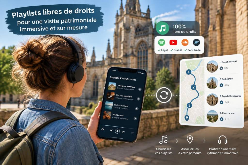 Où trouver des playlists libres de droits pour accompagner une visite patrimoniale et comment les synchroniser avec un parcours