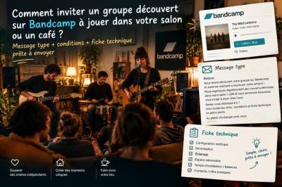 Comment inviter un groupe découvert sur bandcamp à jouer dans votre salon ou un café : message type, conditions et fiche technique prête à envoyer