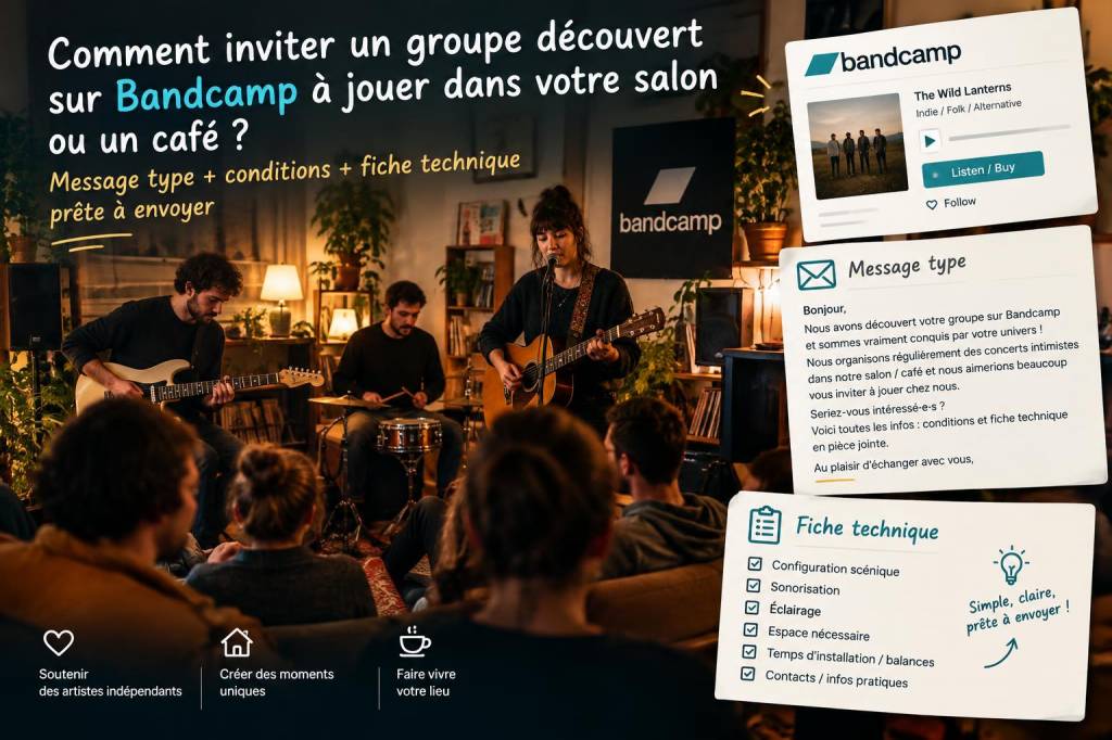 Comment inviter un groupe découvert sur bandcamp à jouer dans votre salon ou un café : message type, conditions et fiche technique prête à envoyer